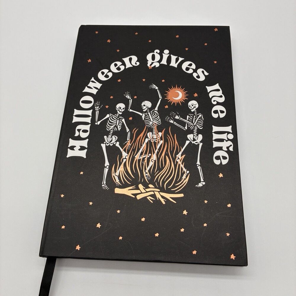 Halloween Journal W/Skeletons Dancing Around Fire w/ “Halloween Gives Me Life”